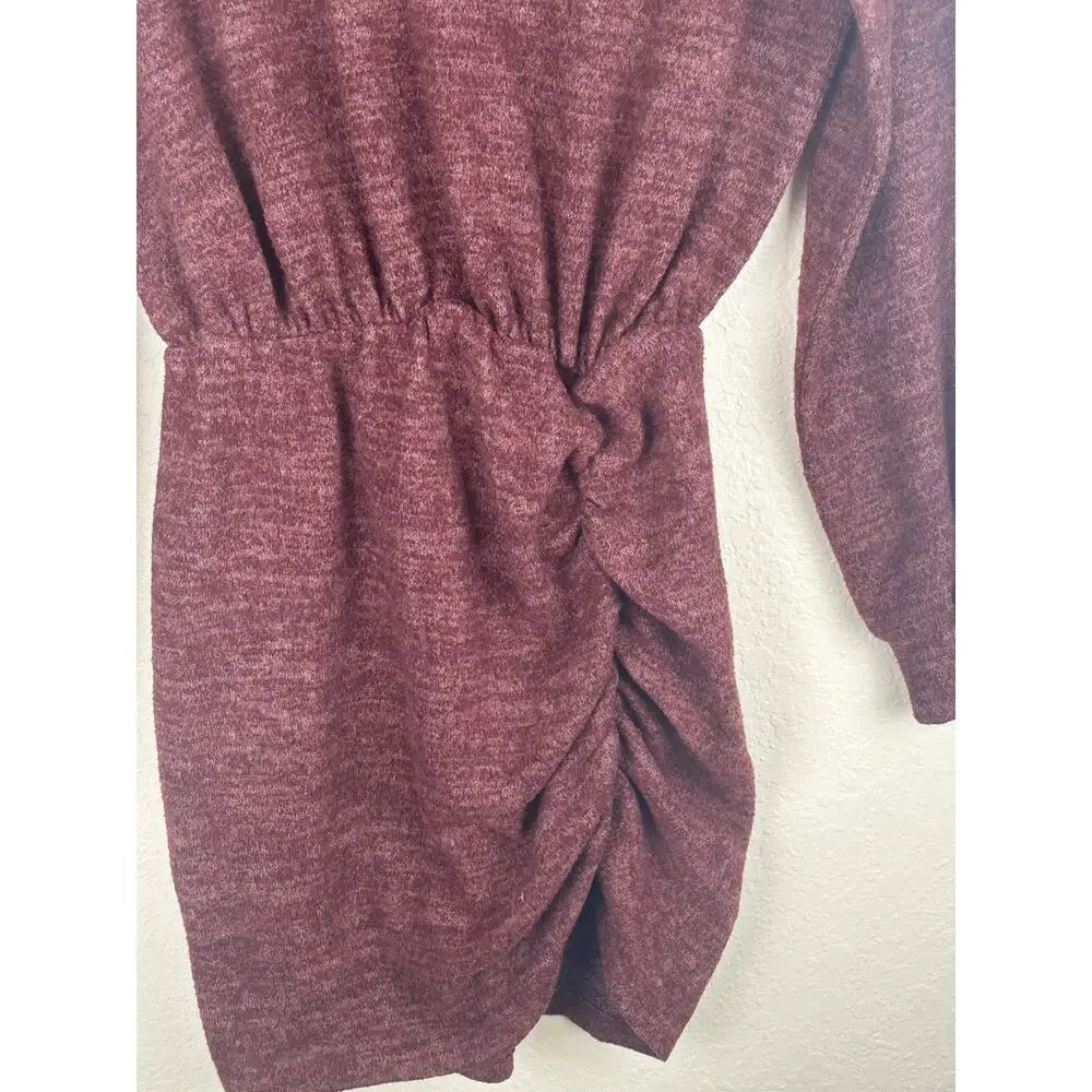 Lush Burgundy Sweater Sweatshirt Dress with Mock Neck and Ruching Detail Size M